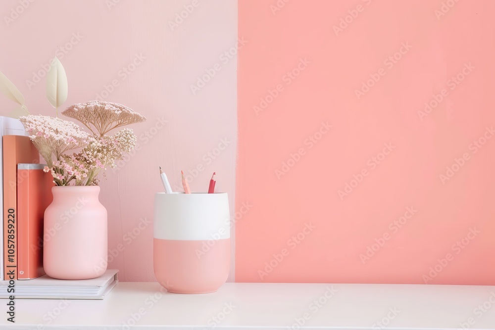 Peach color wall and home office desk with supplies, pencils, pens, boxes, plant pot. Creative stylish minimal workspace. Contemporary flat white work tabletop for product display montage. Blank space Peach color wall and home office desk with supplies, pencils, pens, boxes, plant pot. Creative stylish minimal workspace. Contemporary flat white work tabletop for product display montage. Blank space