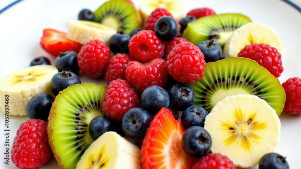 Fresh fruit salad on a white plate. Fresh fruit salad on a white plate.