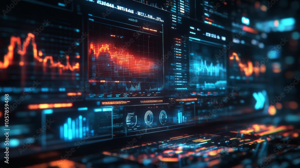 A futuristic digital dashboard displaying real-time stock market trends A futuristic digital dashboard displaying real-time stock market trends