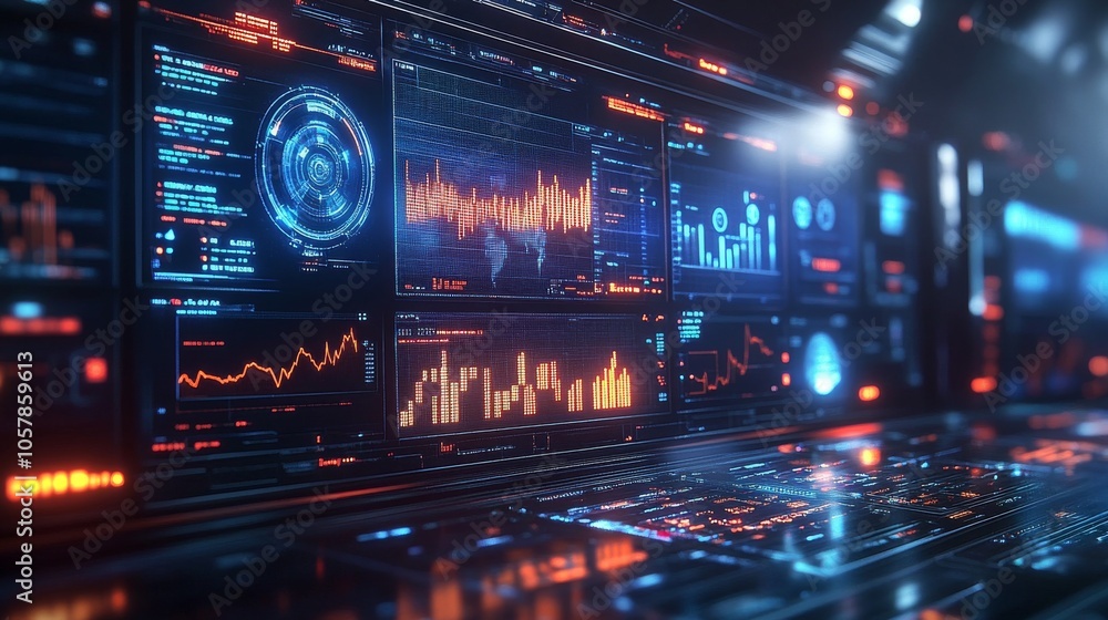 A futuristic digital dashboard displaying real-time stock market trends A futuristic digital dashboard displaying real-time stock market trends