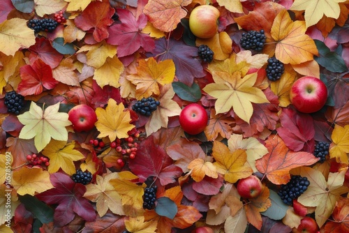 Autumn harvest with vibrant fruits and colorful leaves displayed on a dark su...