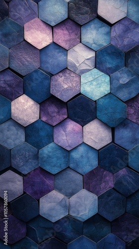 Vibrant blue hexagonal tiles arranged in an artistic pattern showcasing vario...
