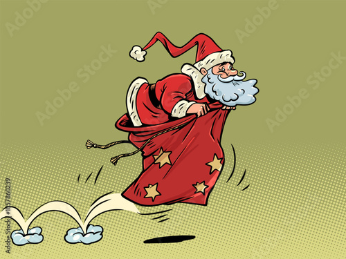 Santa Claus jumping with a sack. Gifts for New Year and Christmas. Delivery of gifts for the holiday quickly and reliably.