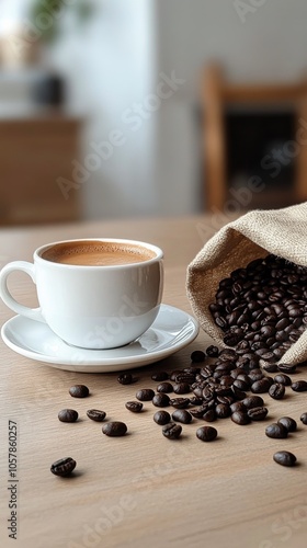 Freshly brewed coffee with spilled beans beside a cup on a wooden table in na...