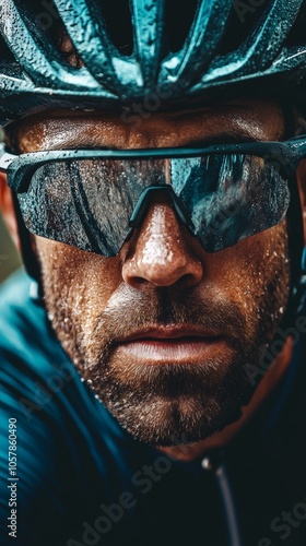 Close-up of a male cyclist wearing a helmet and glasses covered in sweat and raindrops, showcasing the intensity and focus of endurance sports