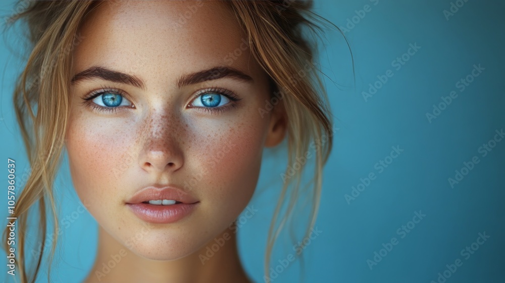 Young woman with striking blue eyes and natural makeup poses against a dark background in soft light Young woman with striking blue eyes and natural makeup poses against a dark background in soft light