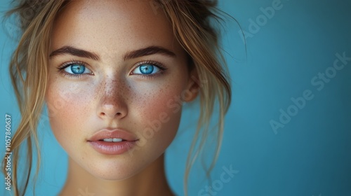 Young woman with striking blue eyes and natural makeup poses against a dark b...