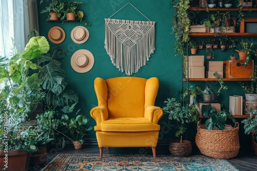 Cozy yellow armchair surrounded by indoor plants in a stylish green living room