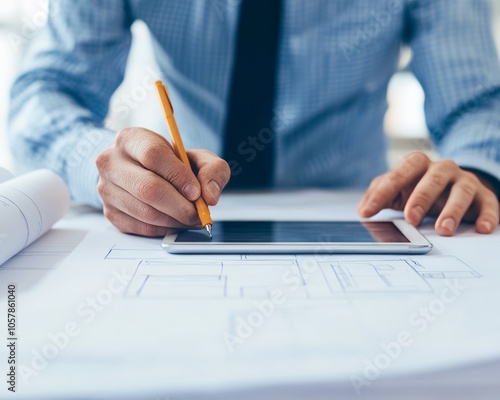 A person sketches on paper while using a tablet for design work.