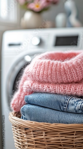 Cozy knits and denim stacked in a wicker basket near a washing machine in a l...