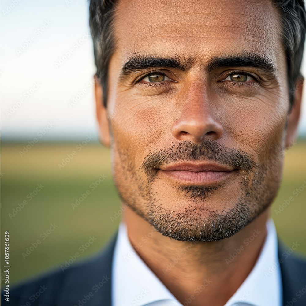 Obraz premium Close-up of investor's face, focused expression, field background