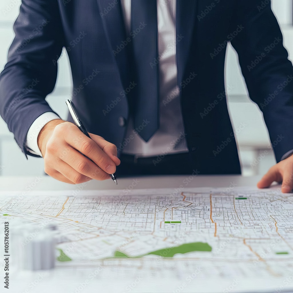 Investor analyzing a city map in a modern office, land development Investor analyzing a city map in a modern office, land development