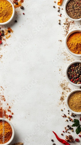 A variety of spices and herbs arranged on a countertop ready for culinary use...