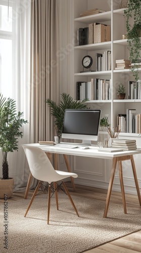 Bright and modern home office setup with plants, desk, and computer in a cozy...