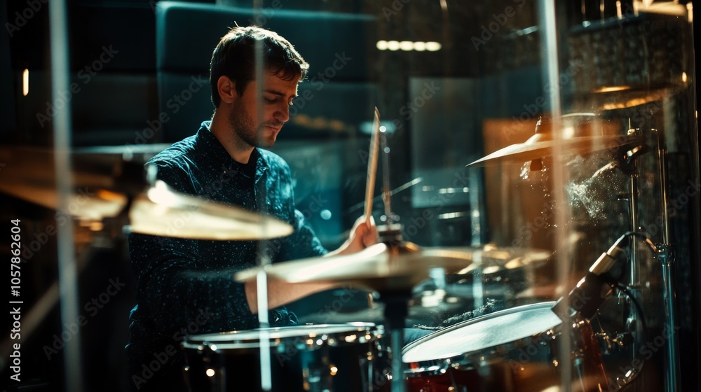 Recording session in a music studio with a professional drummer playing behind soundproof glass, emphasizing the accuracy of studio recording. Recording session in a music studio with a professional drummer playing behind soundproof glass, emphasizing the accuracy of studio recording.