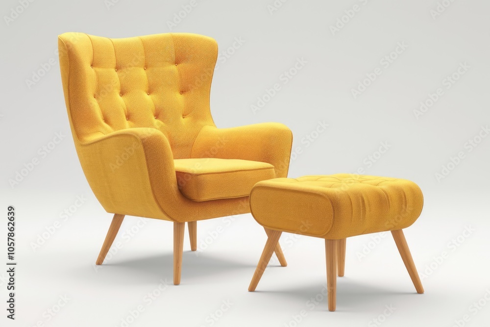 Fototapeta premium Modern yellow armchair and chair set on white background.