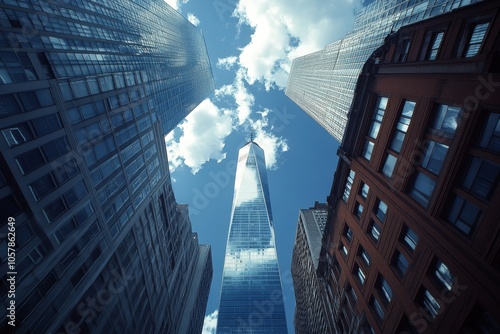 Tall modern skyscraper reflecting clouds in the bright daylight sky in an urb...