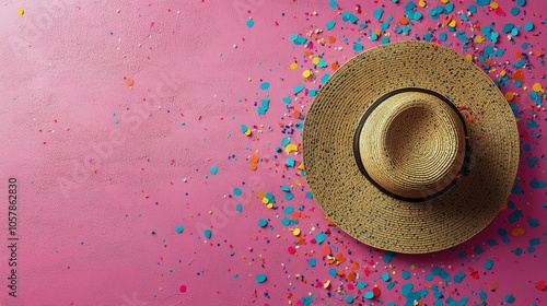 A stylish straw hat surrounded by colorful confetti on a vibrant pink background