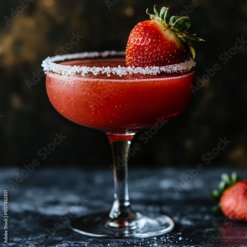 A refreshing strawberry margarita served in a classic glass on a dark background
