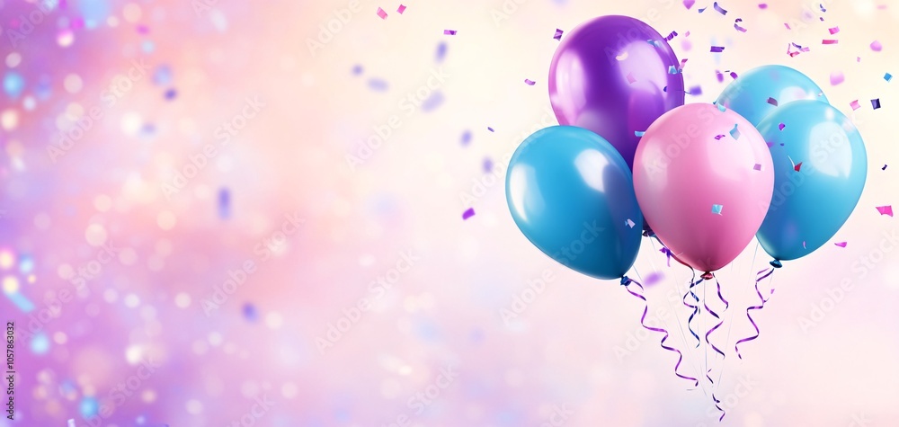 Colorful balloons and confetti create a festive atmosphere for a celebration or party event Colorful balloons and confetti create a festive atmosphere for a celebration or party event