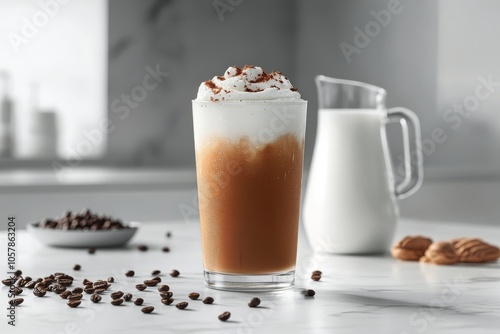 Delicious iced coffee topped with whipped cream and chocolate shavings on a m...