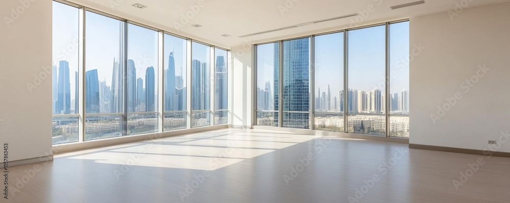 Fototapeta premium Investor in an office, large windows overlooking urban development