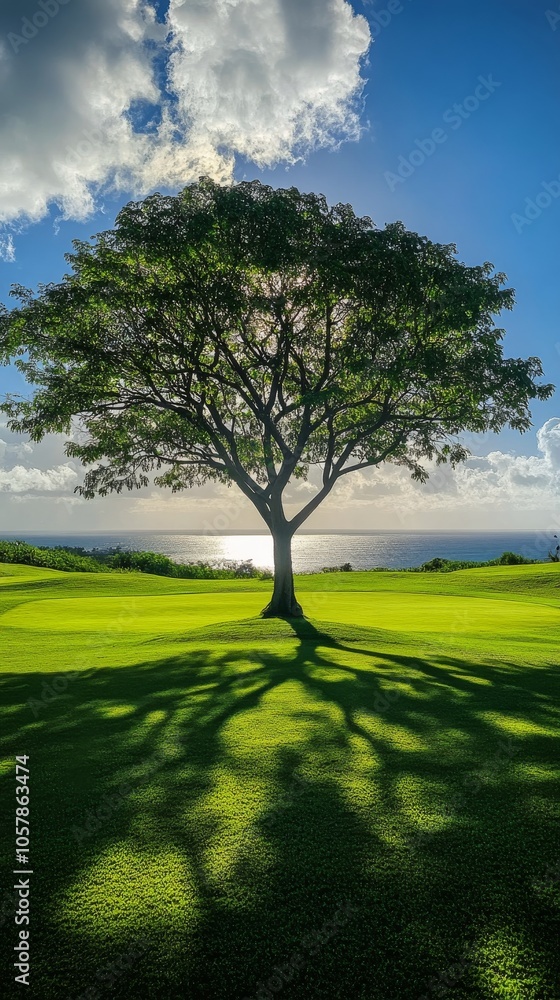 Large tree casting a shadow on lush green grass near the ocean during a sunny day Large tree casting a shadow on lush green grass near the ocean during a sunny day