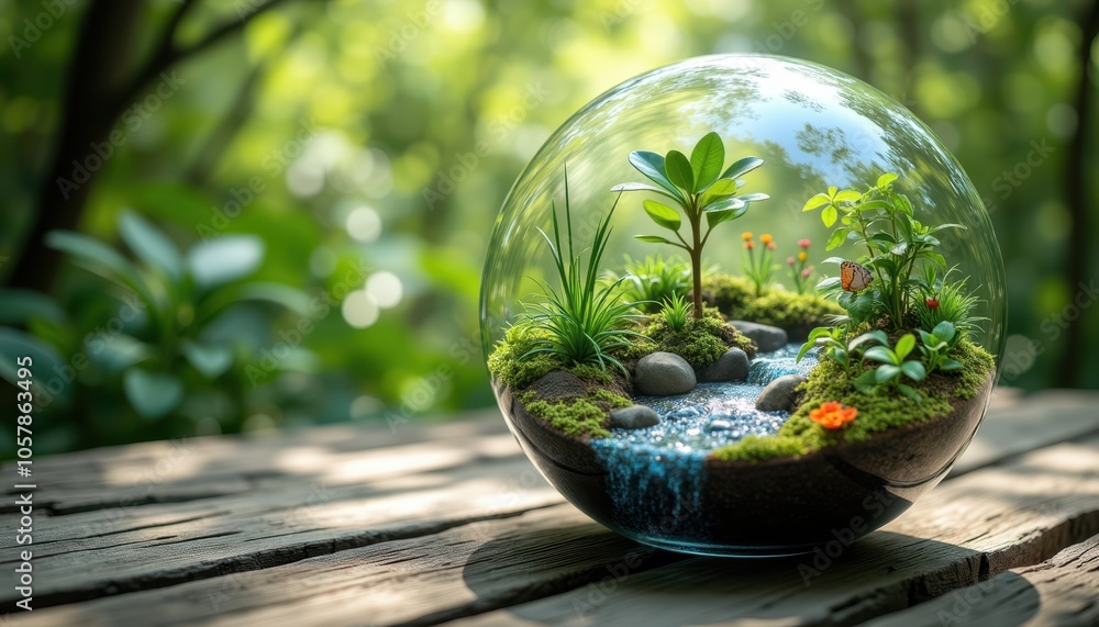Miniature River Scene in Glass Terrarium with Plants and Butterfly Miniature River Scene in Glass Terrarium with Plants and Butterfly