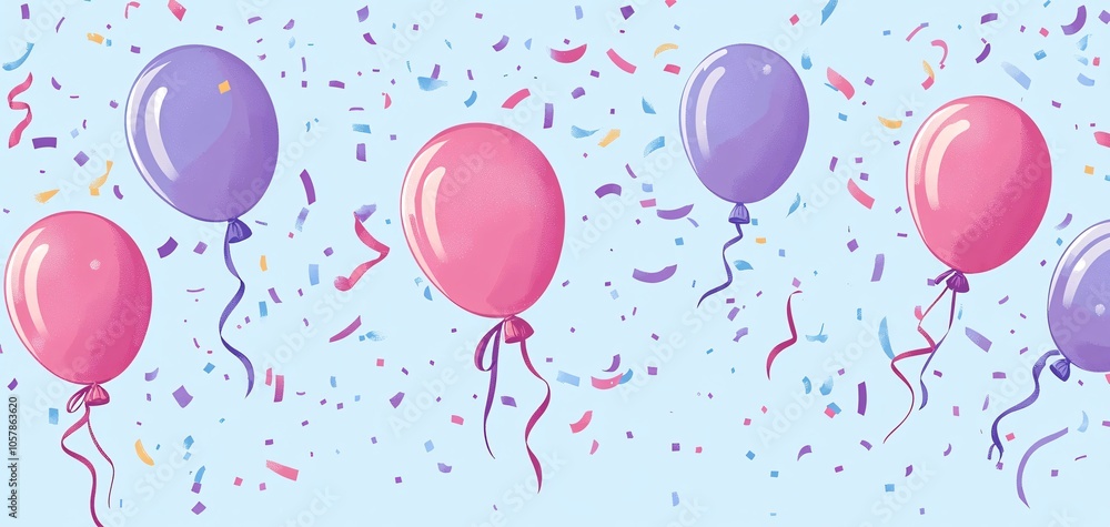 Colorful balloons and confetti create a festive atmosphere for a celebration or party event Colorful balloons and confetti create a festive atmosphere for a celebration or party event