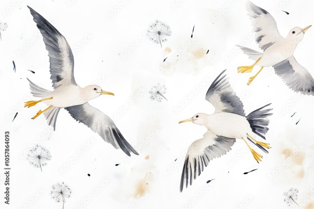 Obraz premium Cute Watercolor Illustration of Seabirds with Dandelions for Children's Art and Decor