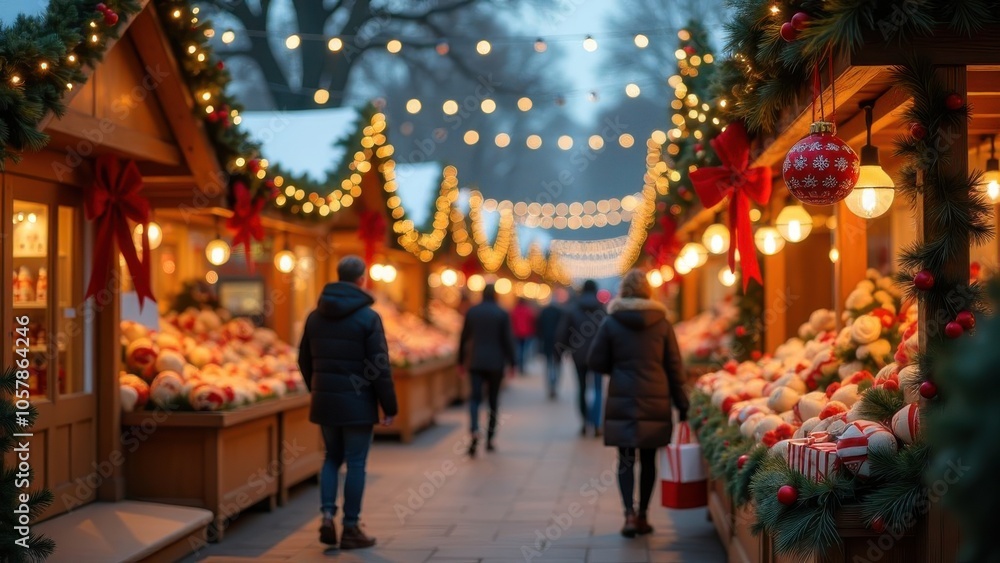 Festive evening stroll through a holiday market, adorned with lights and decorations, filled with cheerful shoppers Festive evening stroll through a holiday market, adorned with lights and decorations, filled with cheerful shoppers