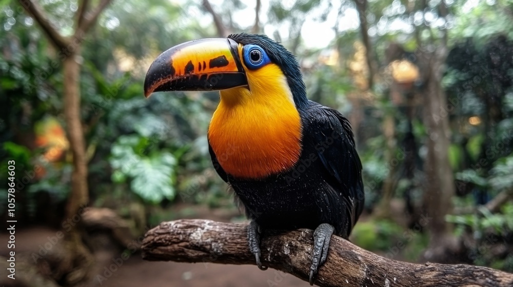 Colorful toucan perched on a branch surrounded by lush tropical foliage in a rainforest setting Colorful toucan perched on a branch surrounded by lush tropical foliage in a rainforest setting