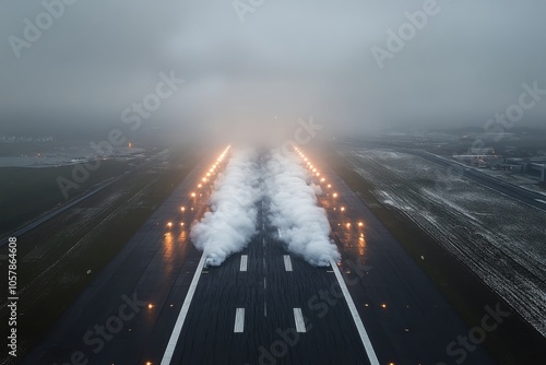 Thick smoke billows across the runway at a busy airport during early evening ...