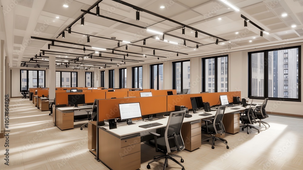 Modern Minimalistic Concrete Coworking Office room with Blank Walls, High Ceilings,and Mockup Frame Modern Minimalistic Concrete Coworking Office room with Blank Walls, High Ceilings,and Mockup Frame