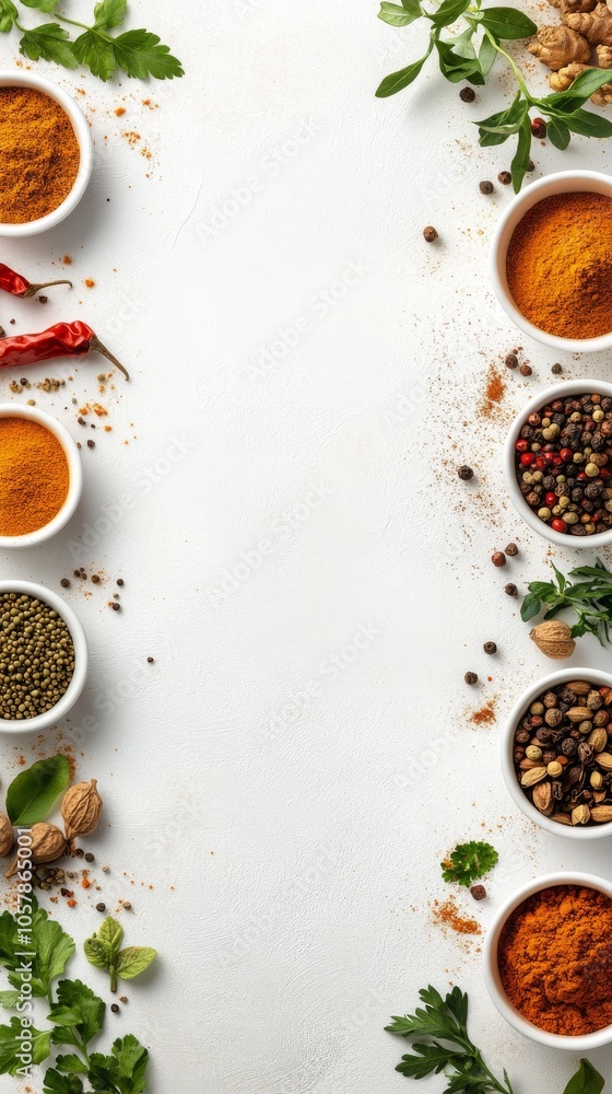 A variety of spices and herbs arranged on a countertop ready for culinary use in a kitchen setting A variety of spices and herbs arranged on a countertop ready for culinary use in a kitchen setting