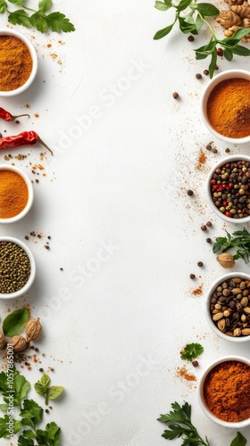 A variety of spices and herbs arranged on a countertop ready for culinary use...