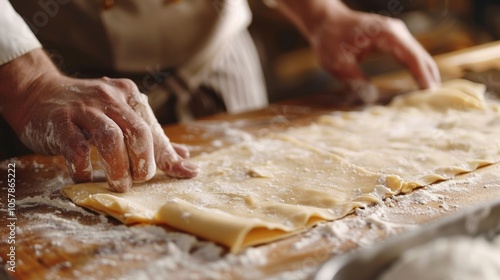 Skilled hands making fresh pasta dough for italian lasagna in cozy kitchen setting. Rolling out dough showcases culinary tradition. Warm, inviting atmosphere perfect for gourmet meal photo