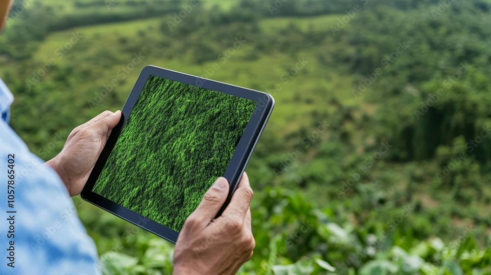 Investor reviewing satellite images on a tablet in the field Investor reviewing satellite images on a tablet in the field