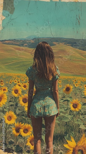 A person standing in a sunflower field under a blue sky with clouds in the ba...