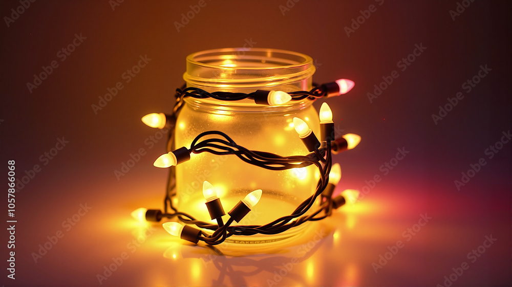 LED Christmas lights in jar on rustic table LED Christmas lights in jar on rustic table