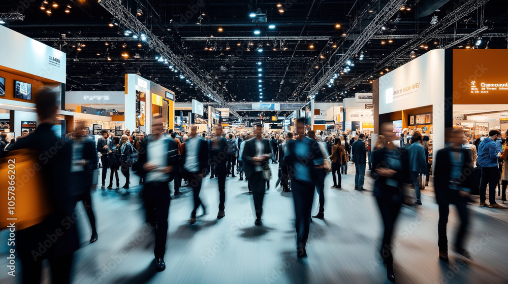 Blurred image of a bustling trade show or exhibition hall with people walking and various booth displays.