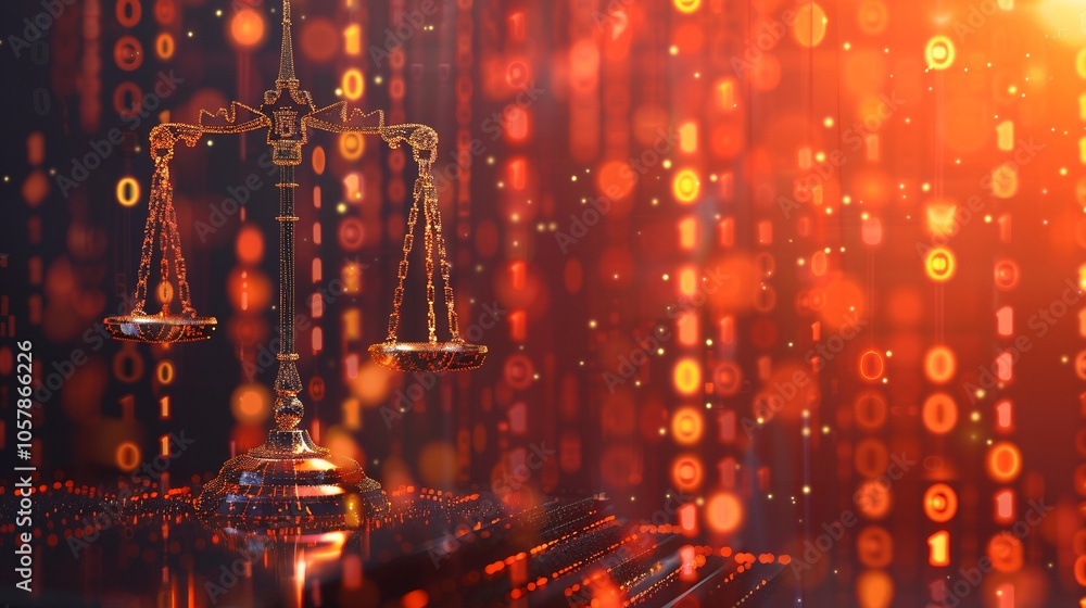 Obraz premium Justice scale with binary code strokes image copy space, ai generated
