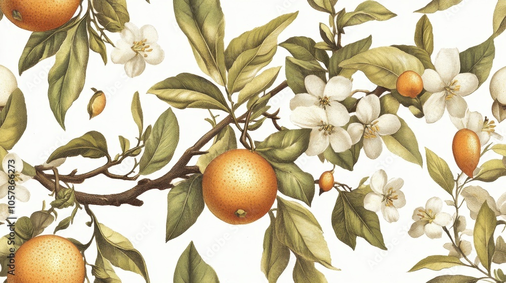 Fototapeta premium Vibrant Orange Citrus Fruits and White Blossoms on Lush Foliage