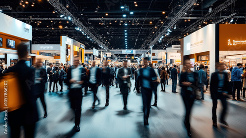 Obraz na płótnie Blurred image of a bustling trade show or exhibition hall with people walking and various booth displays. w salonie
