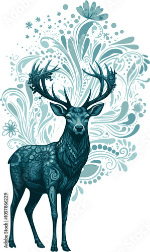 Merry Christmas beautiful reindeer background. Vintage Merry Christmas abstract texture reindeer with floral composition. Multilayer SVG file without gaps between paths.