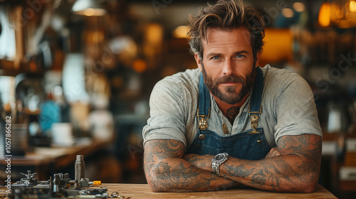 Bearded craftsman in overalls with tattoos working in industrial workshop