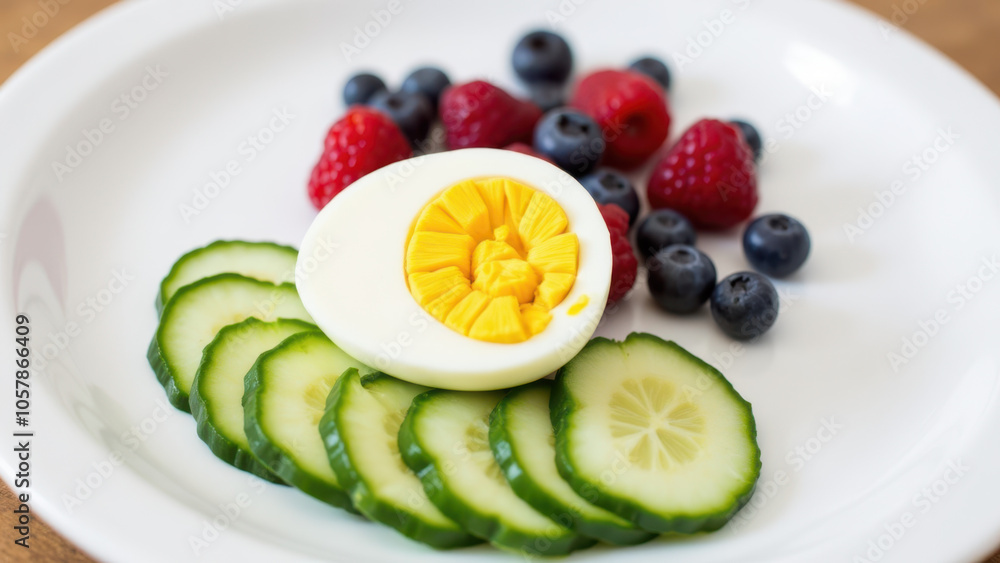 A healthy meal of boiled egg with a runny yolk, cucumber slices, and mixed berries on a white plate. A healthy meal of boiled egg with a runny yolk, cucumber slices, and mixed berries on a white plate.
