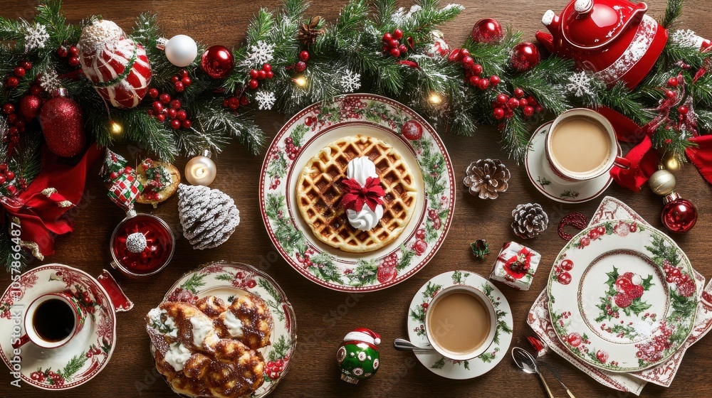 Cozy Christmas Morning Brunch with Waffles and Coffee Cozy Christmas Morning Brunch with Waffles and Coffee