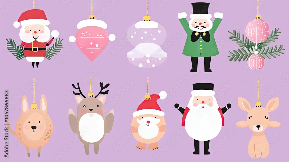 Colorful set of Christmas baubles, including Santa, nutcracker, and animal figures, vector illustration Colorful set of Christmas baubles, including Santa, nutcracker, and animal figures, vector illustration