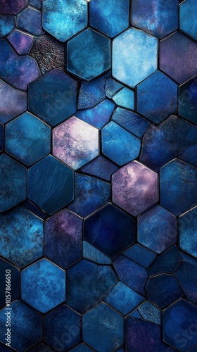 Vibrant blue hexagonal tiles arranged in an artistic pattern showcasing vario...